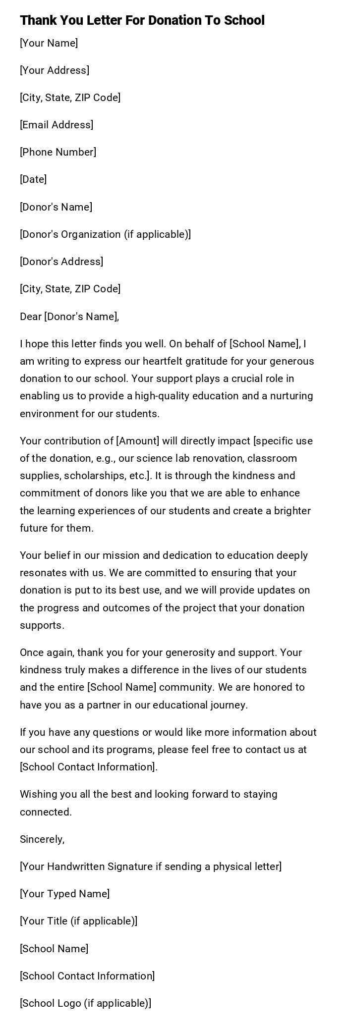 Thank You Letter For Donation To School