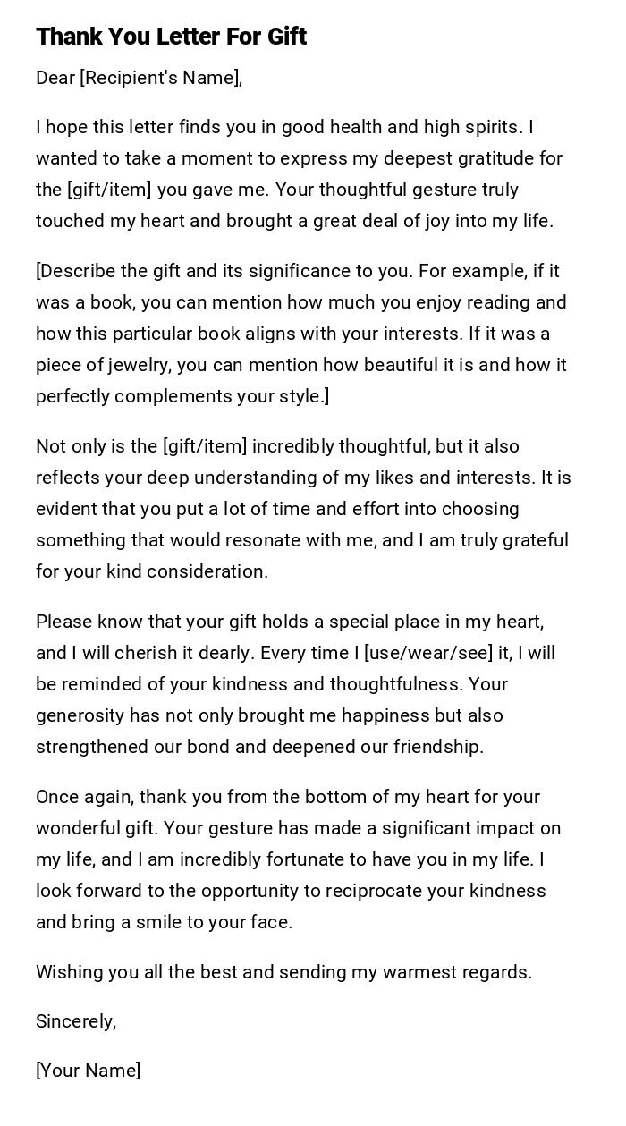 Thank You Letter For Gift