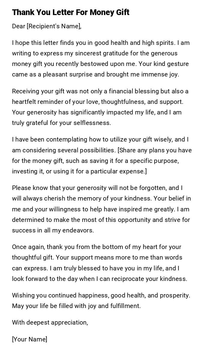 Thank You Letter For Money Gift