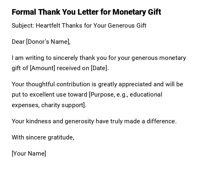 Formal Thank You Letter for Monetary Gift