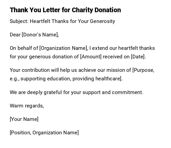 Thank You Letter for Charity Donation