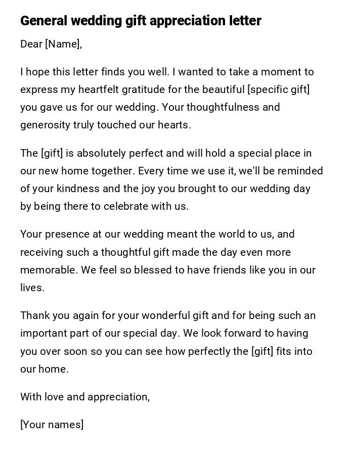 General wedding gift appreciation letter