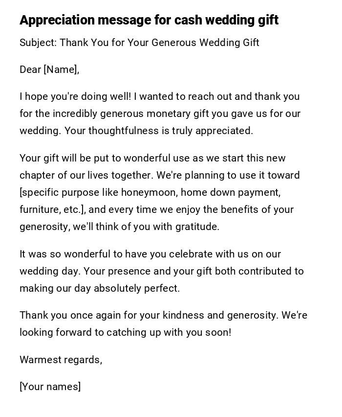 Appreciation message for cash wedding gift