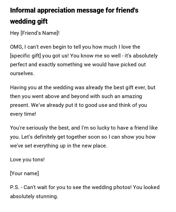 Informal appreciation message for friend's wedding gift