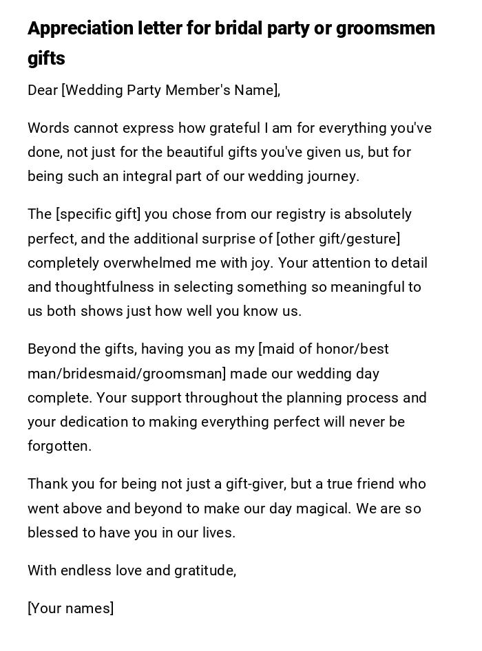 Appreciation letter for bridal party or groomsmen gifts