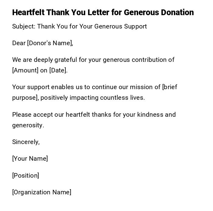 Heartfelt Thank You Letter for Generous Donation