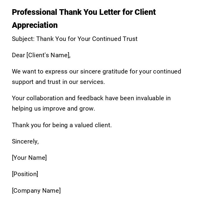 Professional Thank You Letter for Client Appreciation