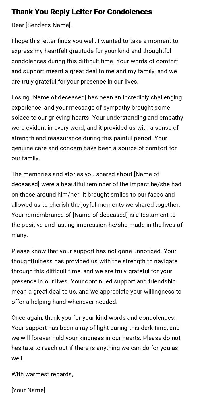 Thank You Reply Letter For Condolences Thank You Reply Letter For Condolences