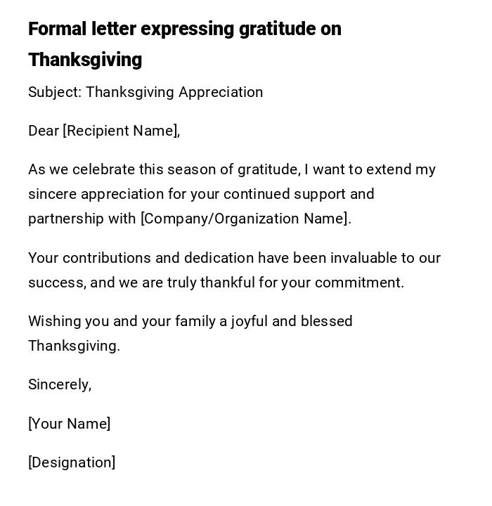Formal letter expressing gratitude on Thanksgiving