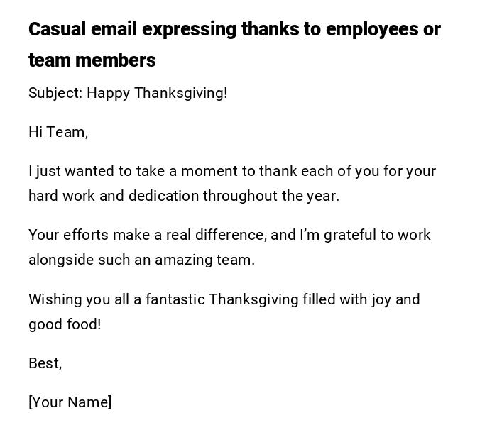 Casual email expressing thanks to employees or team members