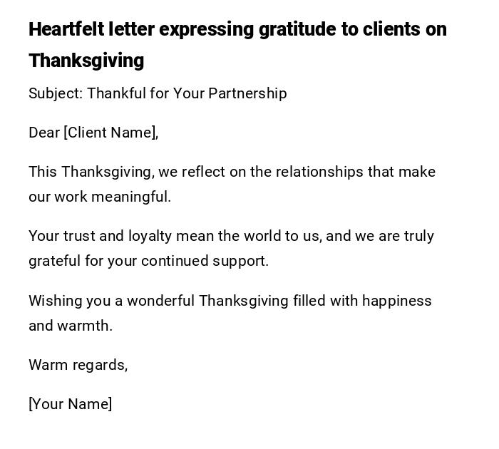 Heartfelt letter expressing gratitude to clients on Thanksgiving