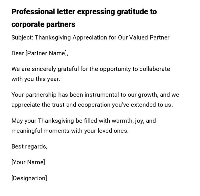 Professional letter expressing gratitude to corporate partners