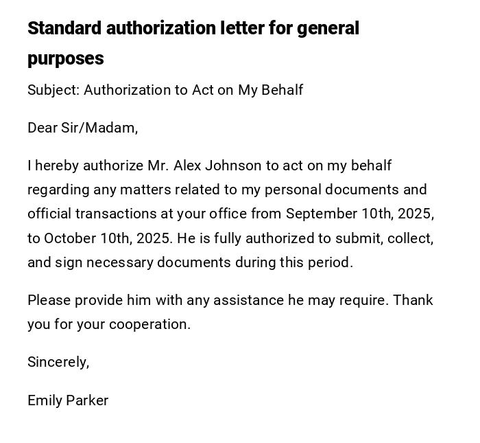 Standard authorization letter for general purposes