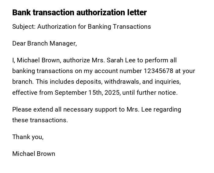 Bank transaction authorization letter