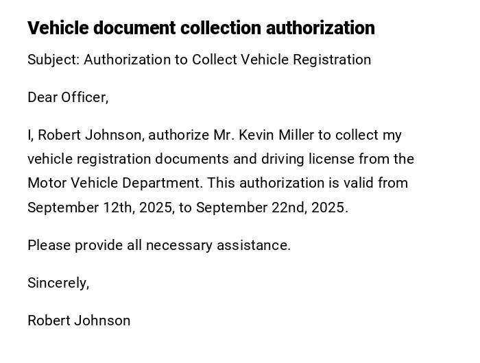 Vehicle document collection authorization