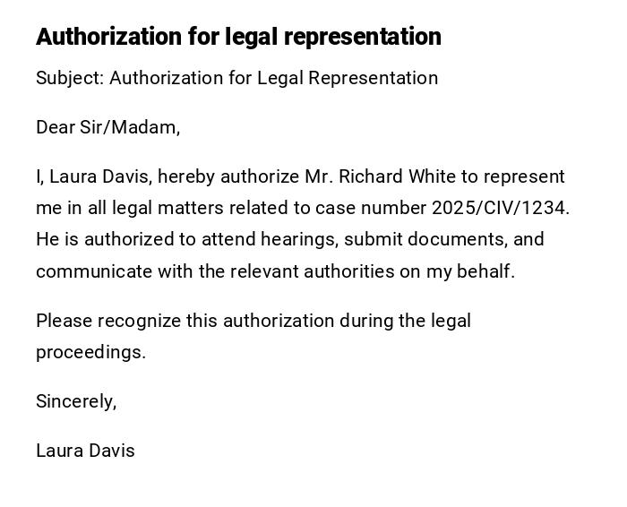 Authorization for legal representation