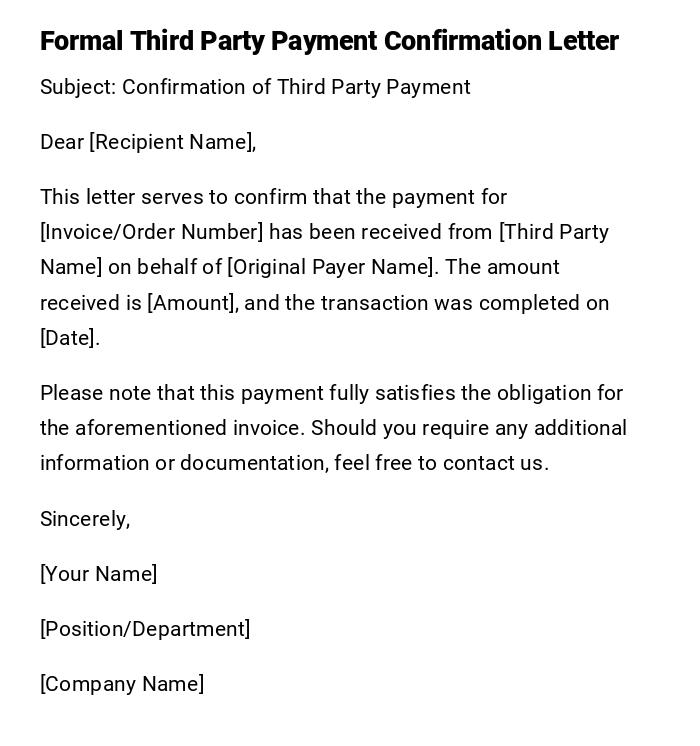 Formal Third Party Payment Confirmation Letter