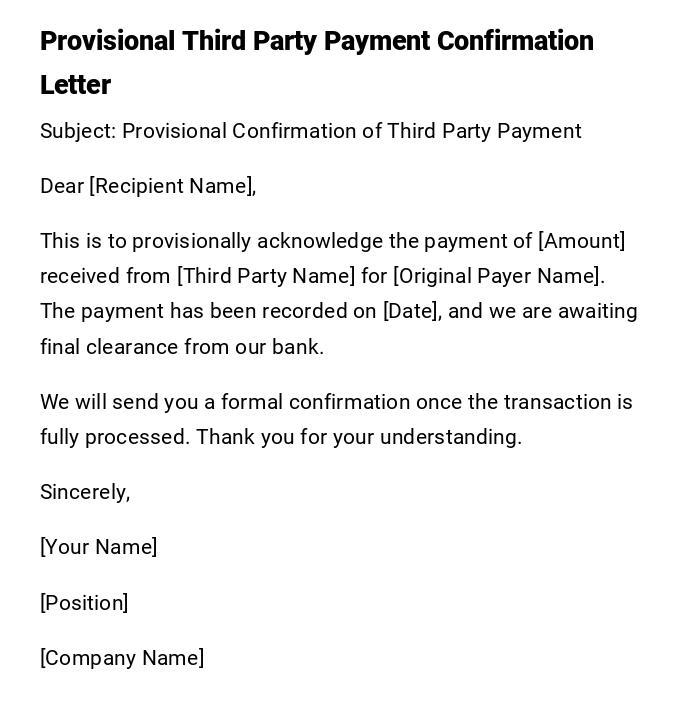 Provisional Third Party Payment Confirmation Letter