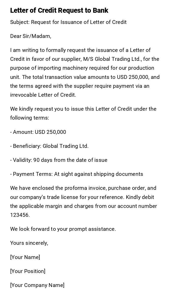 Letter of Credit Request to Bank