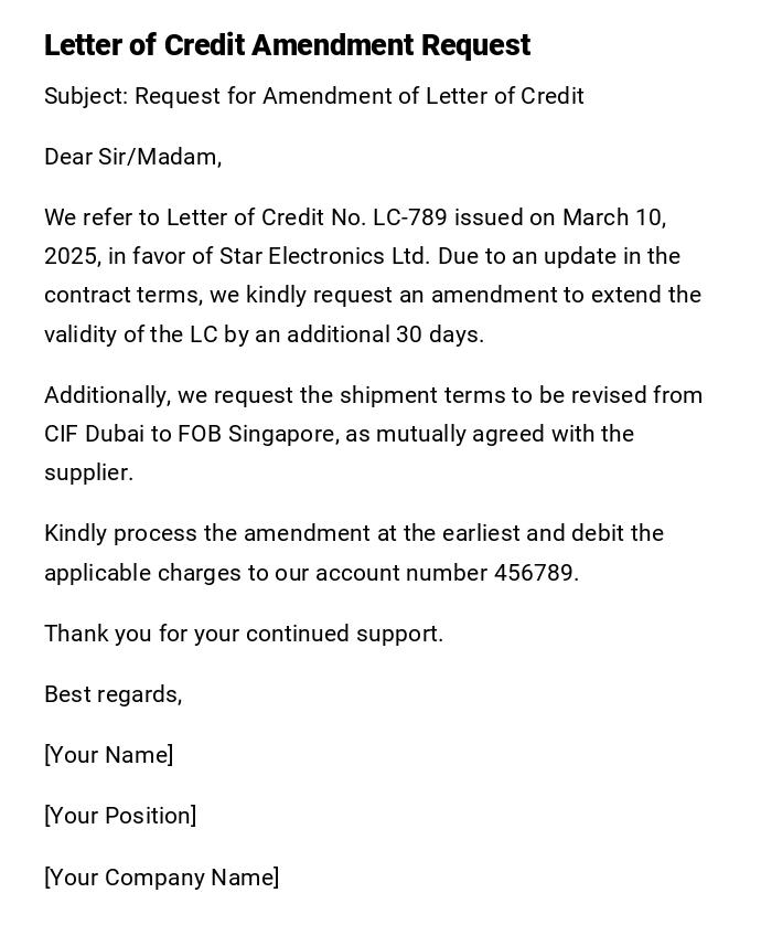 Letter of Credit Amendment Request