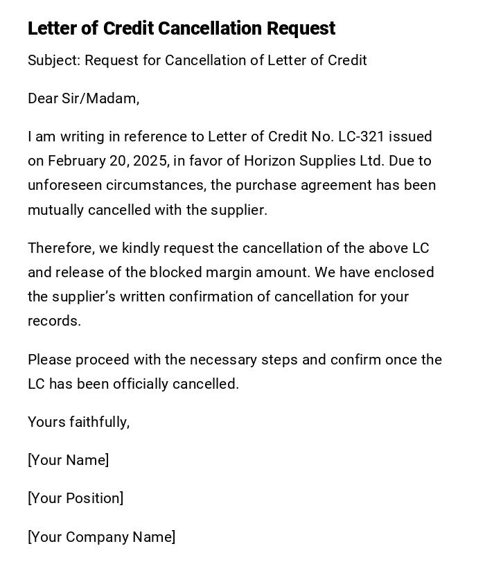 Letter of Credit Cancellation Request