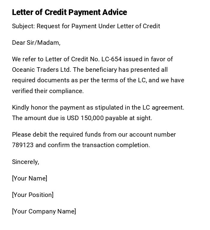 Letter of Credit Payment Advice