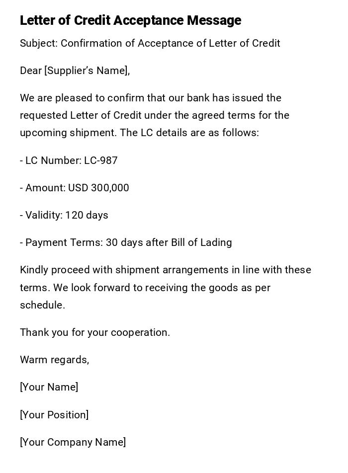 Letter of Credit Acceptance Message