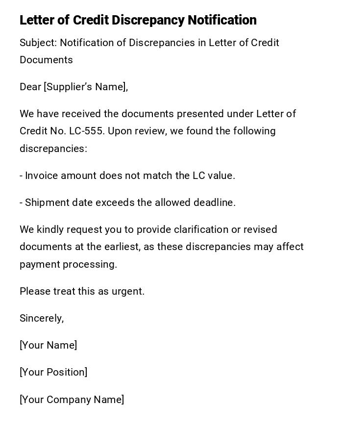 Letter of Credit Discrepancy Notification