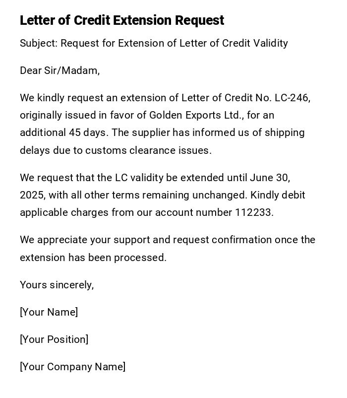 Letter of Credit Extension Request