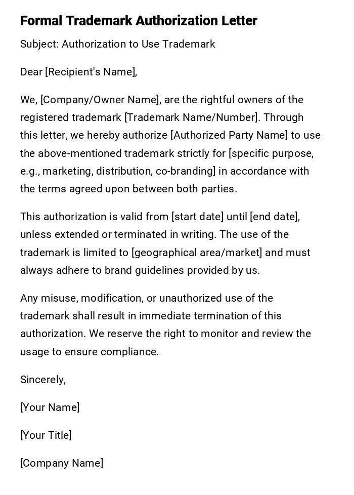 Formal Trademark Authorization Letter