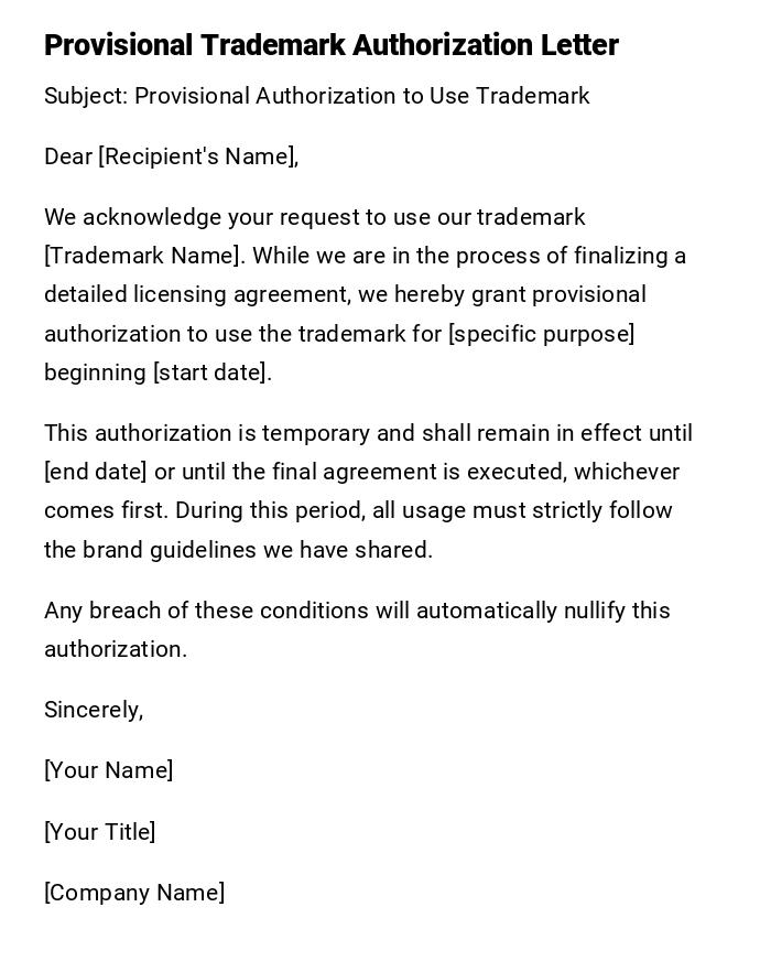 Provisional Trademark Authorization Letter