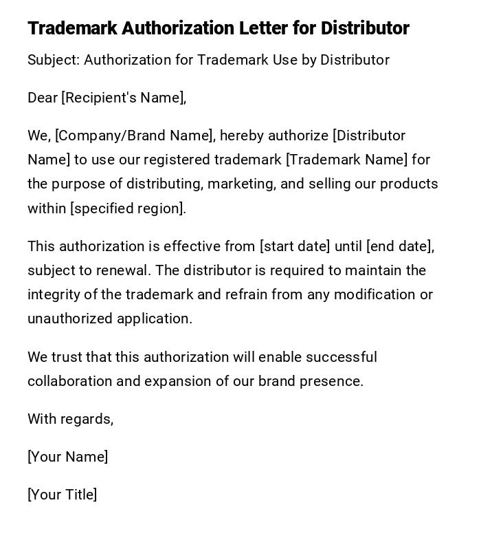 Trademark Authorization Letter for Distributor