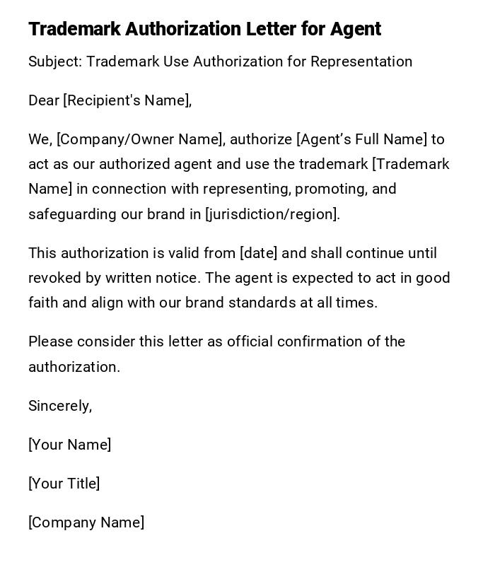 Trademark Authorization Letter for Agent
