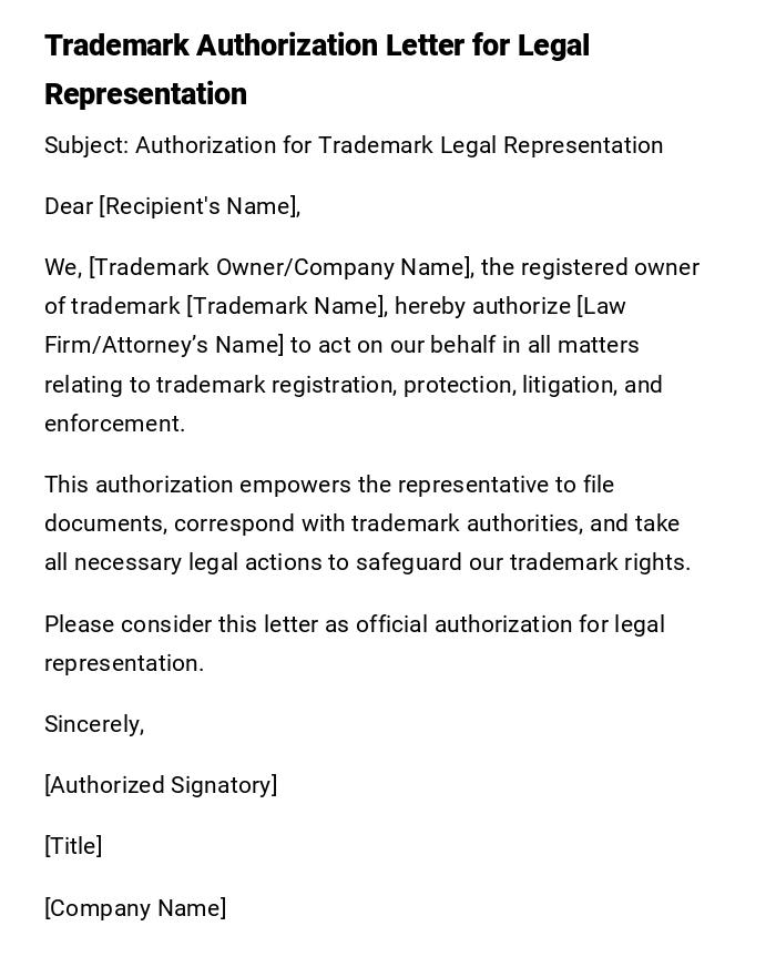 Trademark Authorization Letter for Legal Representation