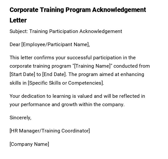 Corporate Training Program Acknowledgement Letter