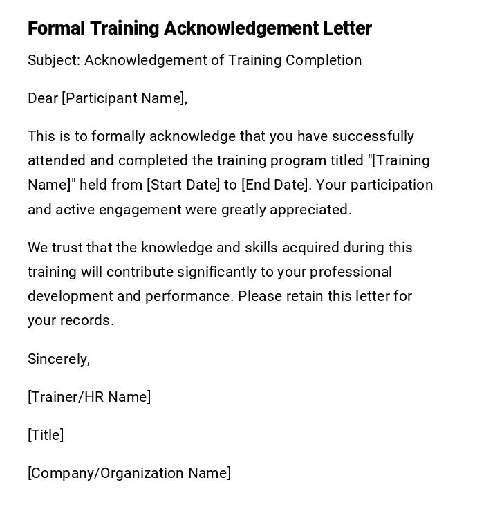 Formal Training Acknowledgement Letter