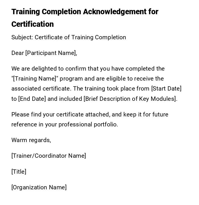 Training Completion Acknowledgement for Certification