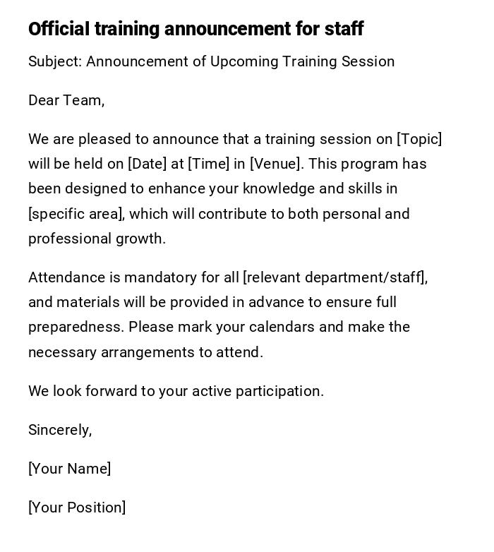 Official training announcement for staff Official training announcement for staff