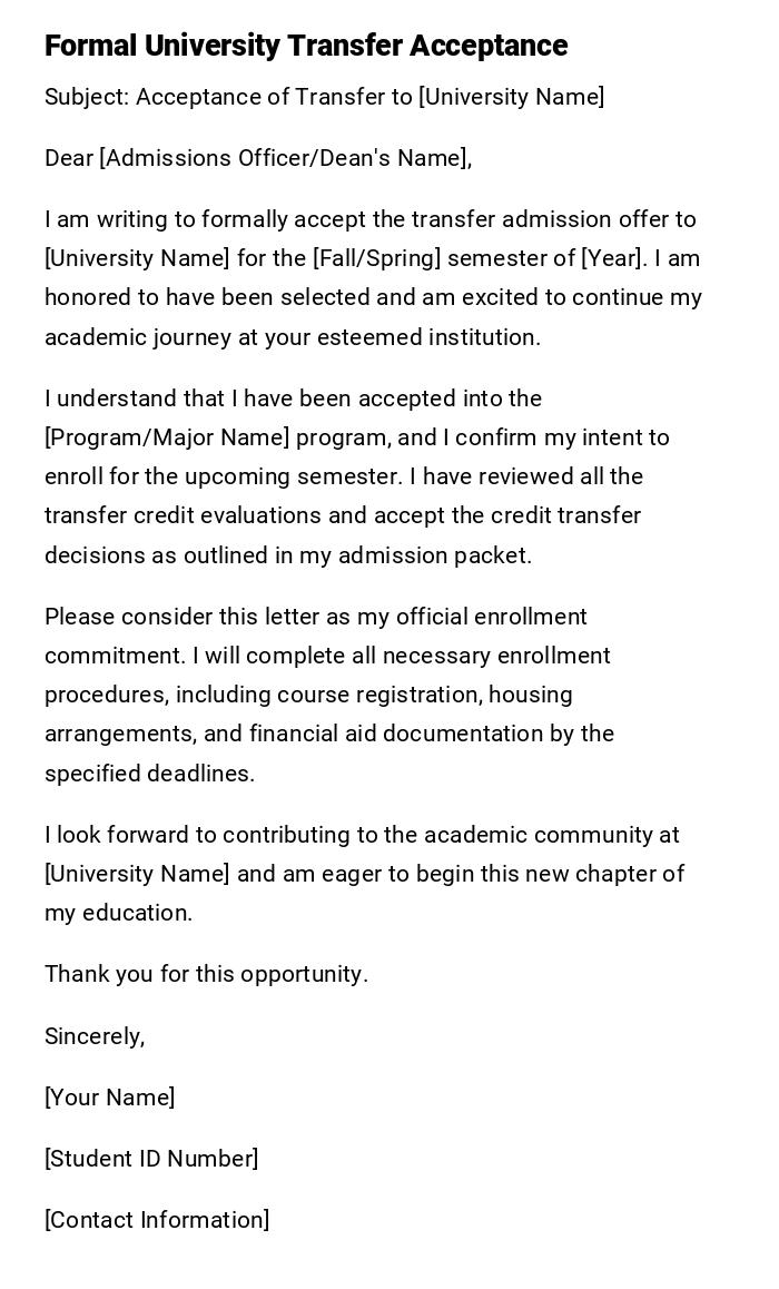 Formal University Transfer Acceptance