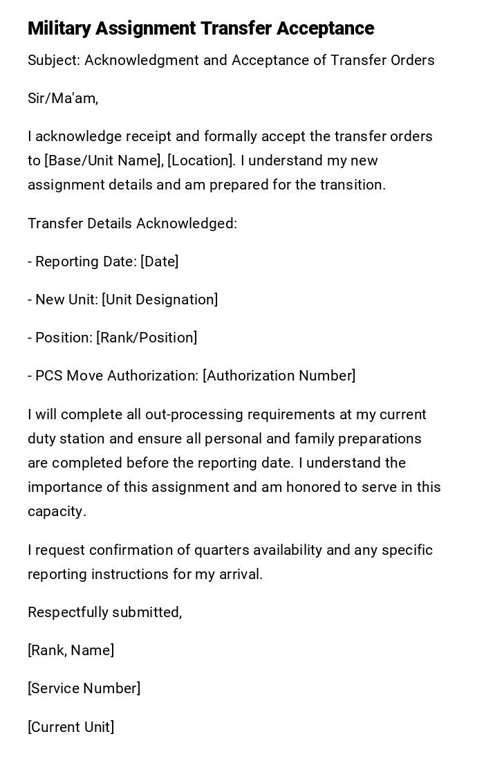 Military Assignment Transfer Acceptance