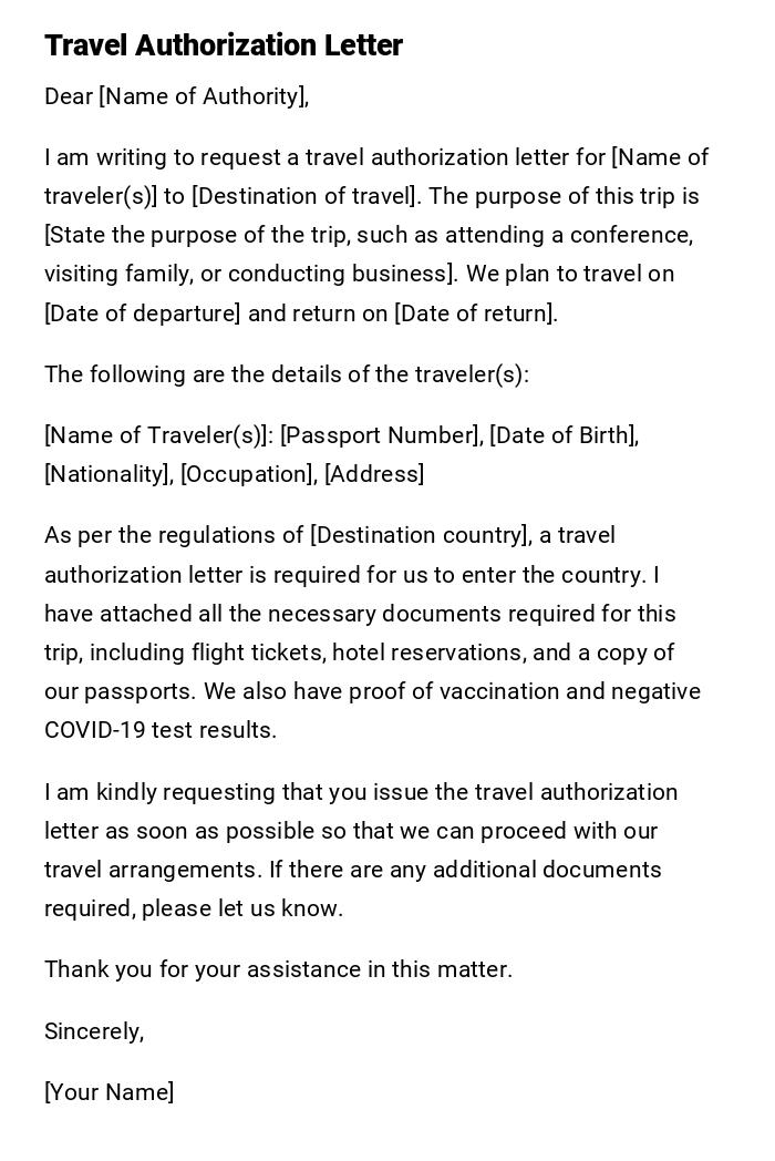 Travel Authorization Letter Travel Authorization Letter