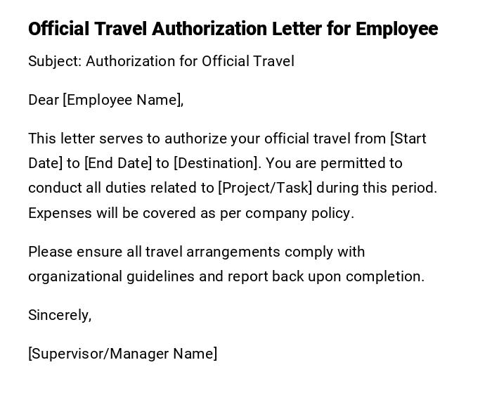 Official Travel Authorization Letter for Employee Official Travel Authorization Letter for Employee