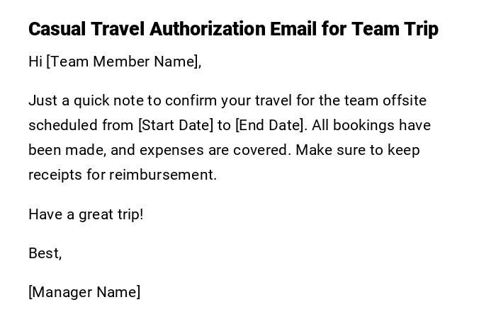 Casual Travel Authorization Email for Team Trip Casual Travel Authorization Email for Team Trip