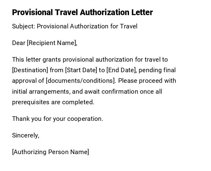 Provisional Travel Authorization Letter Provisional Travel Authorization Letter