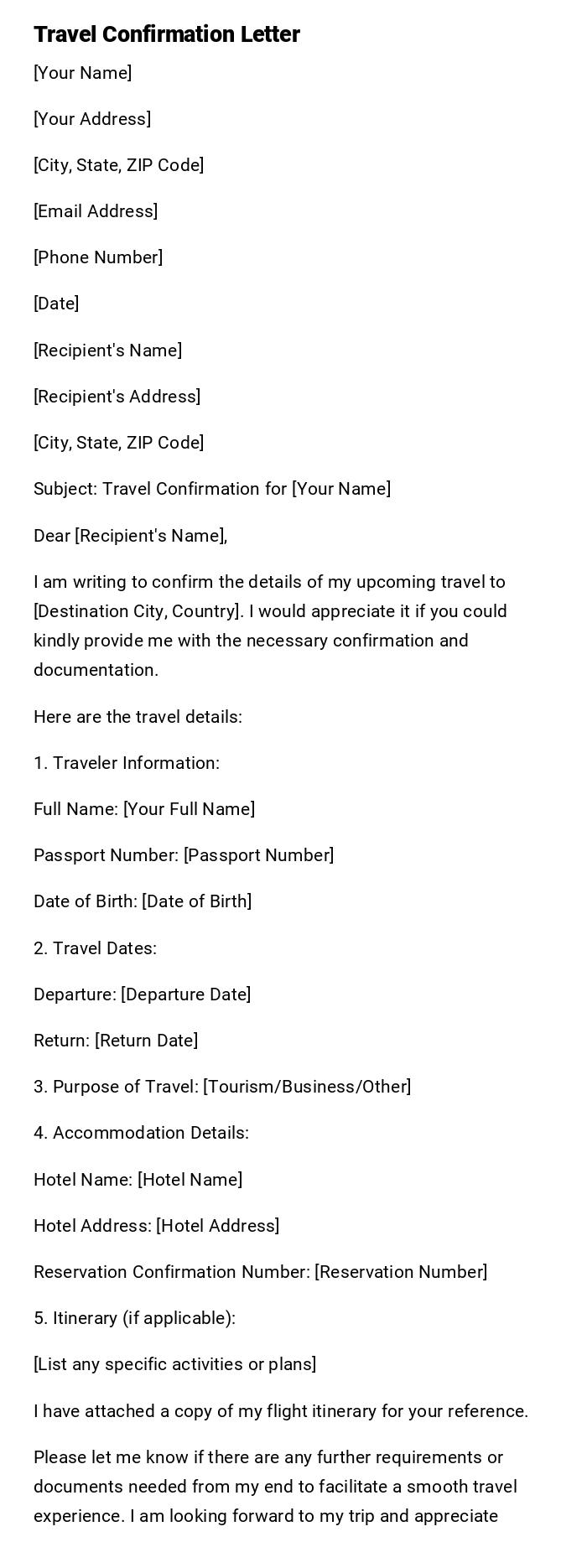 Travel Confirmation Letter Travel Confirmation Letter