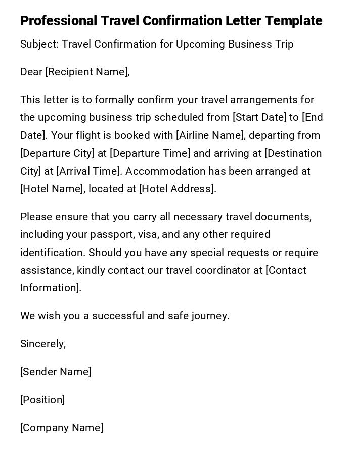 Professional Travel Confirmation Letter Template Professional Travel Confirmation Letter Template