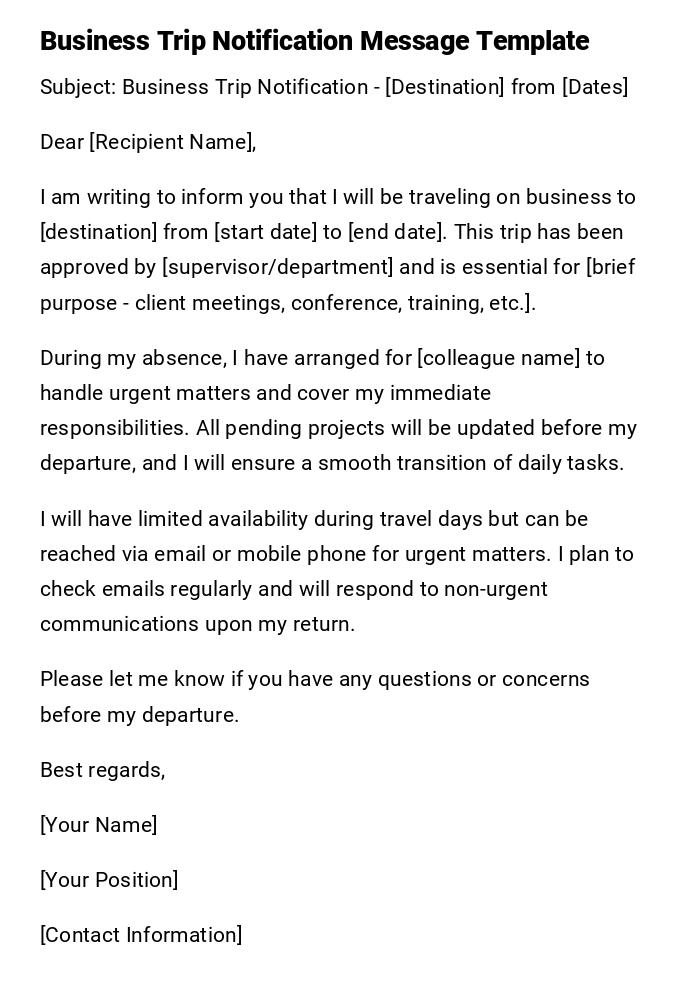 Business Trip Notification Message Template