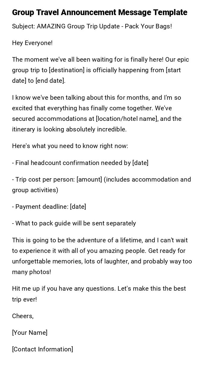 Group Travel Announcement Message Template