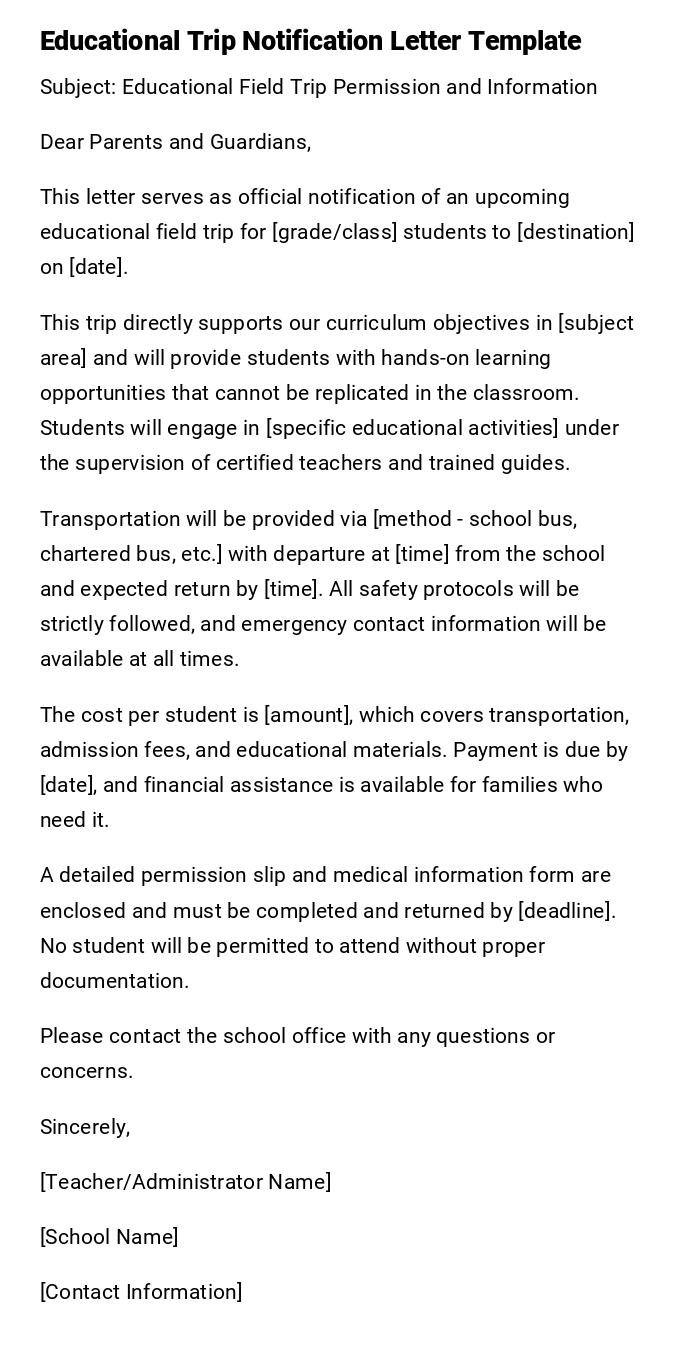 Educational Trip Notification Letter Template