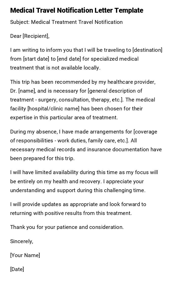 Medical Travel Notification Letter Template